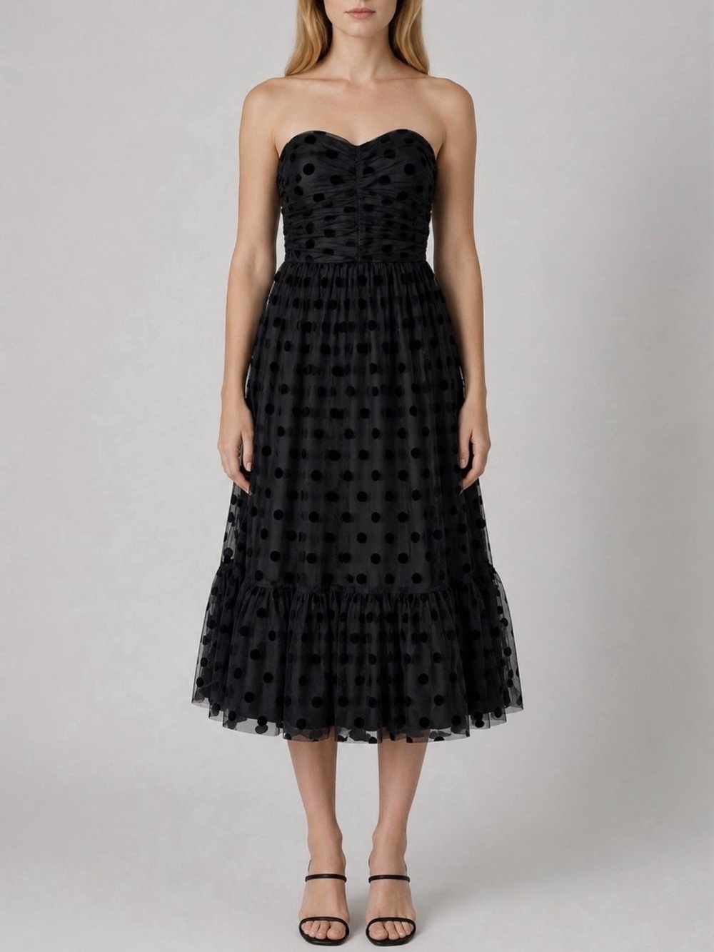 Ina Black Strapless Polka Dot Midi Dress